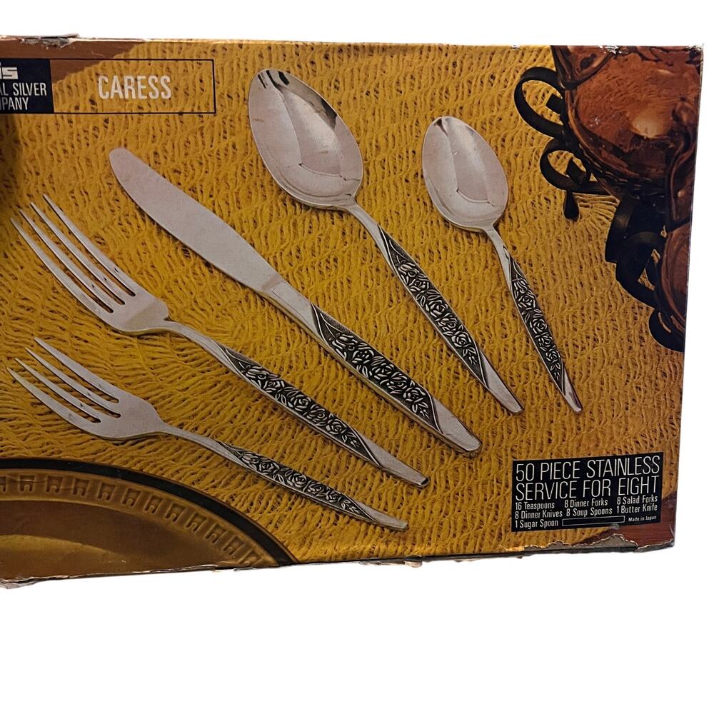MCM stainless flatware 50pc set NOS Caress National blackened Rose pattern Rare